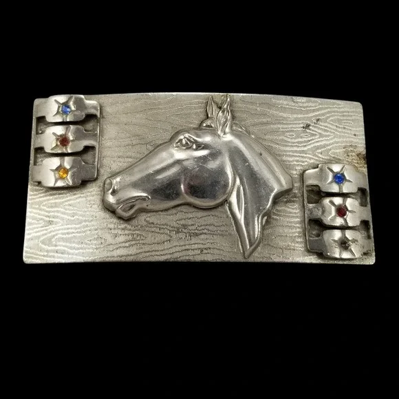 Vintage Silver Tone Horse Head‎ Belt Buckle Western Cowboy Rhinestone Accents